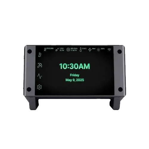 The Bitaxe Touch by ACS is a desktop bitcoin miner, with a dark grey aluminium shell and a sleek touchscreen.