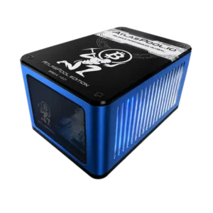 Isometric view of the Bitforge Nano Atlas Pool Edition with smoked glass window and blue-white LED vents.