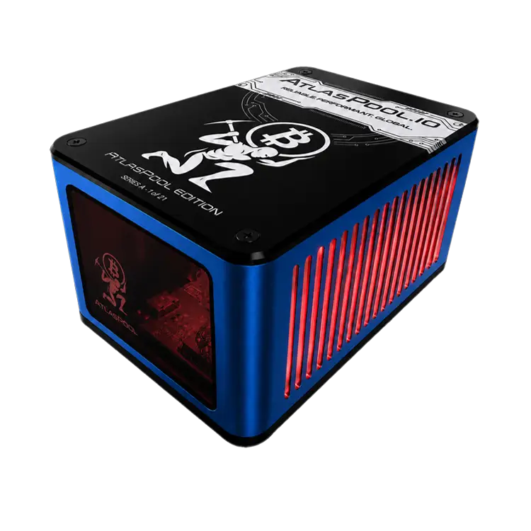 Isometric view of the Bitforge Nano Atlas Pool Edition with red internal LED lighting and smoked glass window.