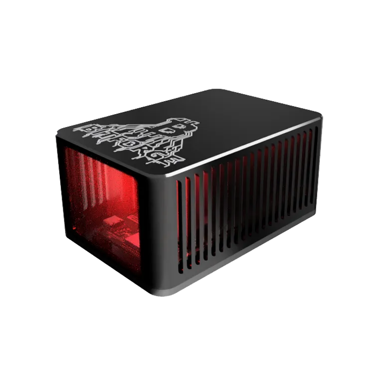 BitForge Nano Bitcoin miner with custom metal case and front airflow vents. Internal LED for that I Am GPIO trademark glow!