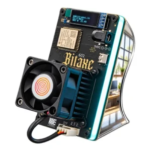 Bitaxe Gamma Dark Angel solo Bitcoin miner with a white LED edge glow, black PCB and curved mirror-finish stand, on a white background