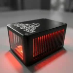 BitForge Nano compact Bitcoin miner on a desk, black aluminium enclosure with red LED glow through vent slots and acrylic window