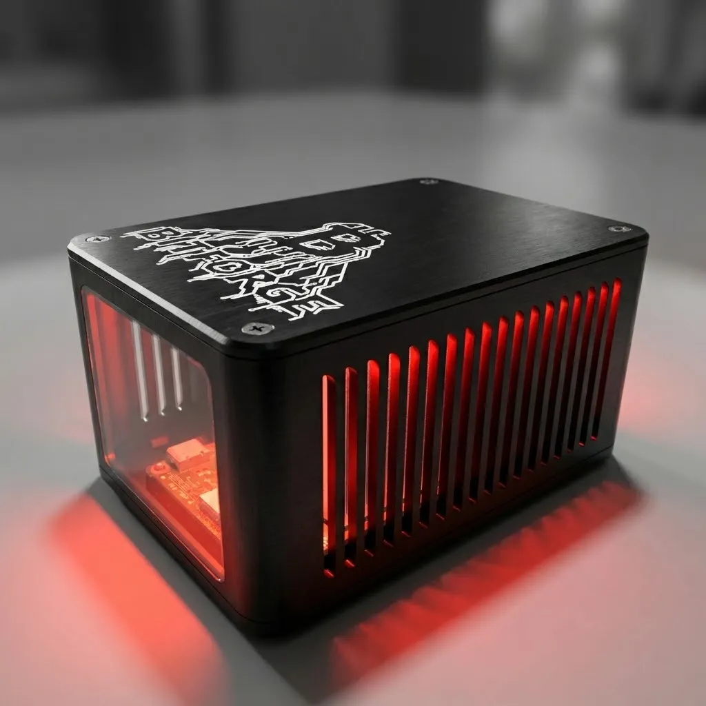 BitForge Nano compact Bitcoin miner on a desk, black aluminium enclosure with red LED glow through vent slots and acrylic window