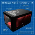 BitForge Nano Bitcoin miner isolated on white background, black aluminium enclosure with red LED glow and acrylic window