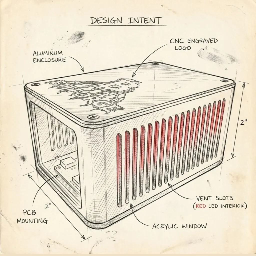 BitForge Nano design intent sketch showing aluminium enclosure, CNC engraved logo, acrylic window, vent slots and red LED interior