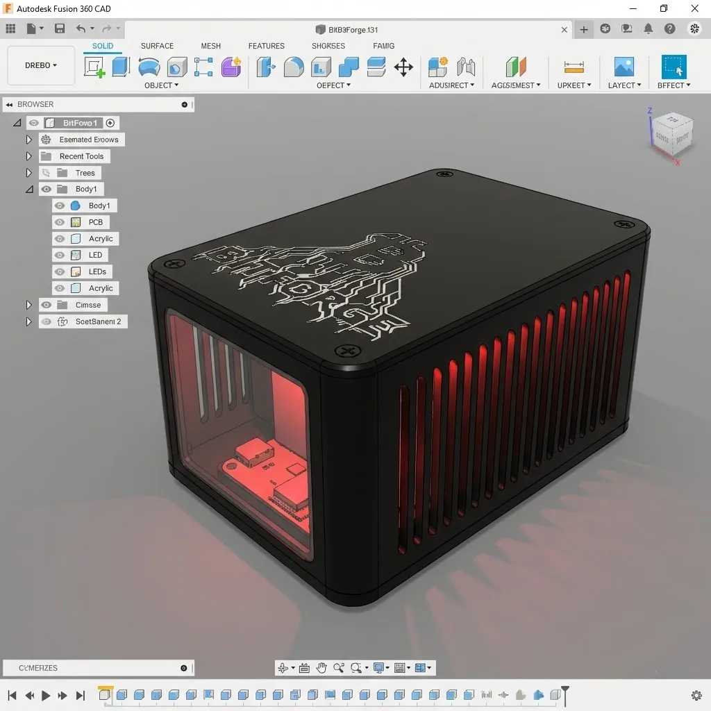 BitForge Nano Bitcoin miner aluminium case CAD model in Fusion 360 with red internal LED lighting and acrylic window