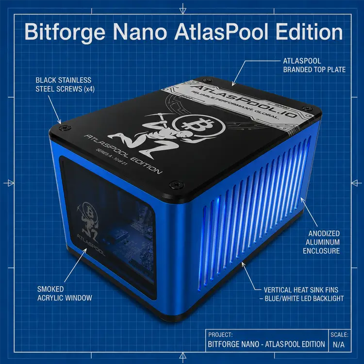 Blueprint style render of the Bitforge Nano Atlas Pool Edition showing smoked glass window, vents and blue aluminium case.