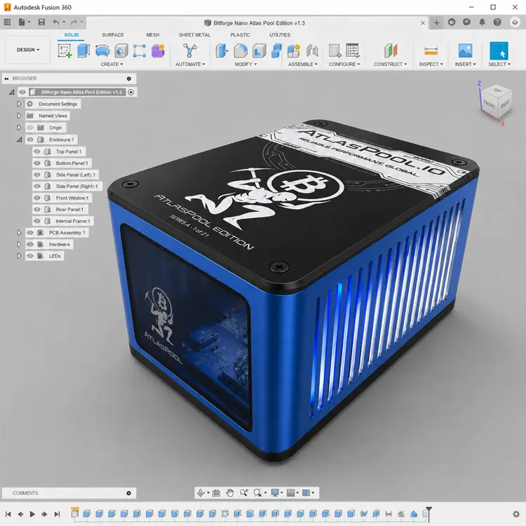Fusion 360 CAD view of the Bitforge Nano Atlas Pool Edition with blue aluminium case and smoked glass front window.