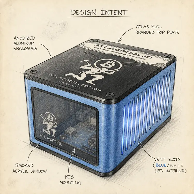 Design intent sketch of the Bitforge Nano Atlas Pool Edition with smoked glass window and blue LED vent lighting.