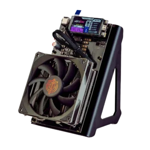 The NerdQAxe++ - A 4.8th/s bicoin miner, It is a black circuit board with large fan, attached to a metal bracket.