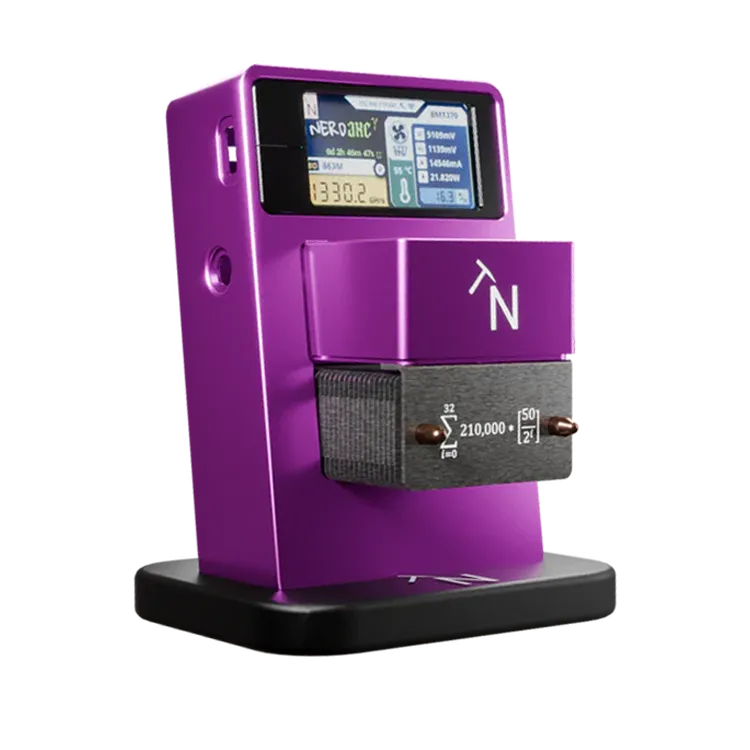 The NerdAxe Gamma Full Metal Bitcoin Miner. Shown here finished in anodised chrome pink with a black base. All metal for that premium look and feel.