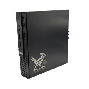 A Dell PC with The Rebel Node Runner logo laser engraved on the side. The Node Runner logo is a polygon style digital road runner bird.