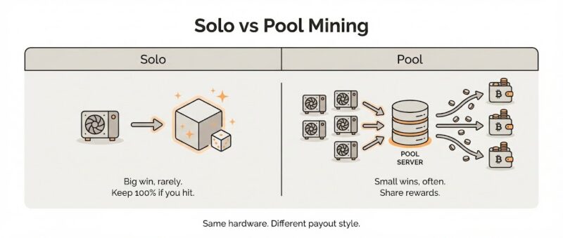 Types of Bitcoin mining: solo vs pool mining infographic with beginner FAQ questions about choosing, hardware, setup, switching, and finding pools.
