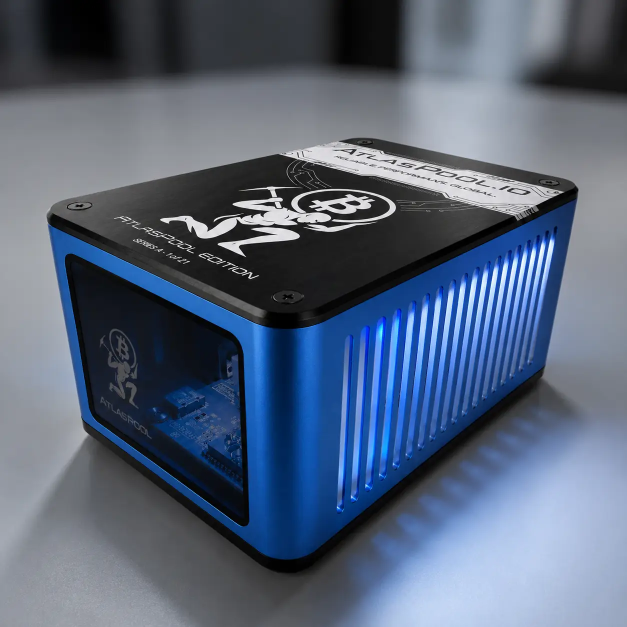 Photorealistic render of the Bitforge Nano Atlas Pool Edition with smoked glass window and blue illuminated vents.