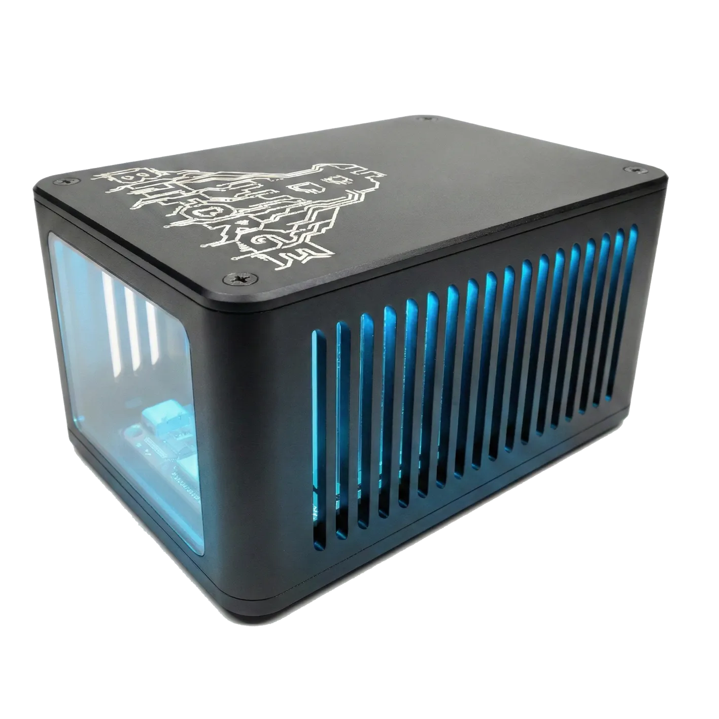 Bitforge Nano Ghost Edition Bitcoin miner in black metal case with cyan internal glow and side window