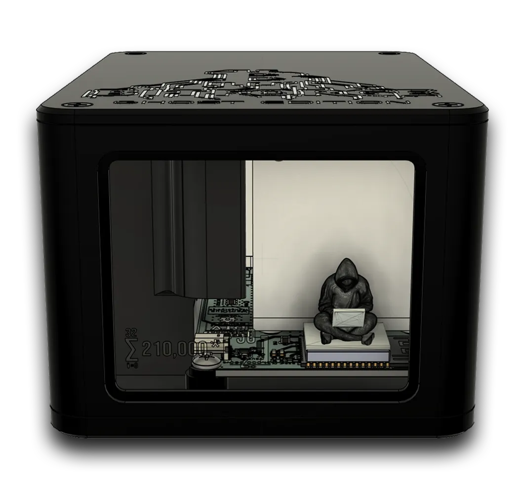 Nano Ghost Edition CAD render showing the Ghost of Satoshi figure inside the front window with internal PCB layout