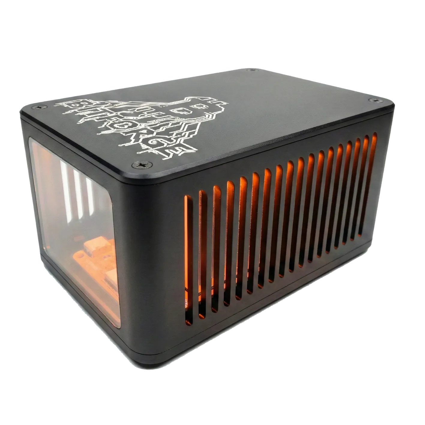 Bitforge Nano Ghost Edition Bitcoin miner with warm orange LED glow behind the vented side panel