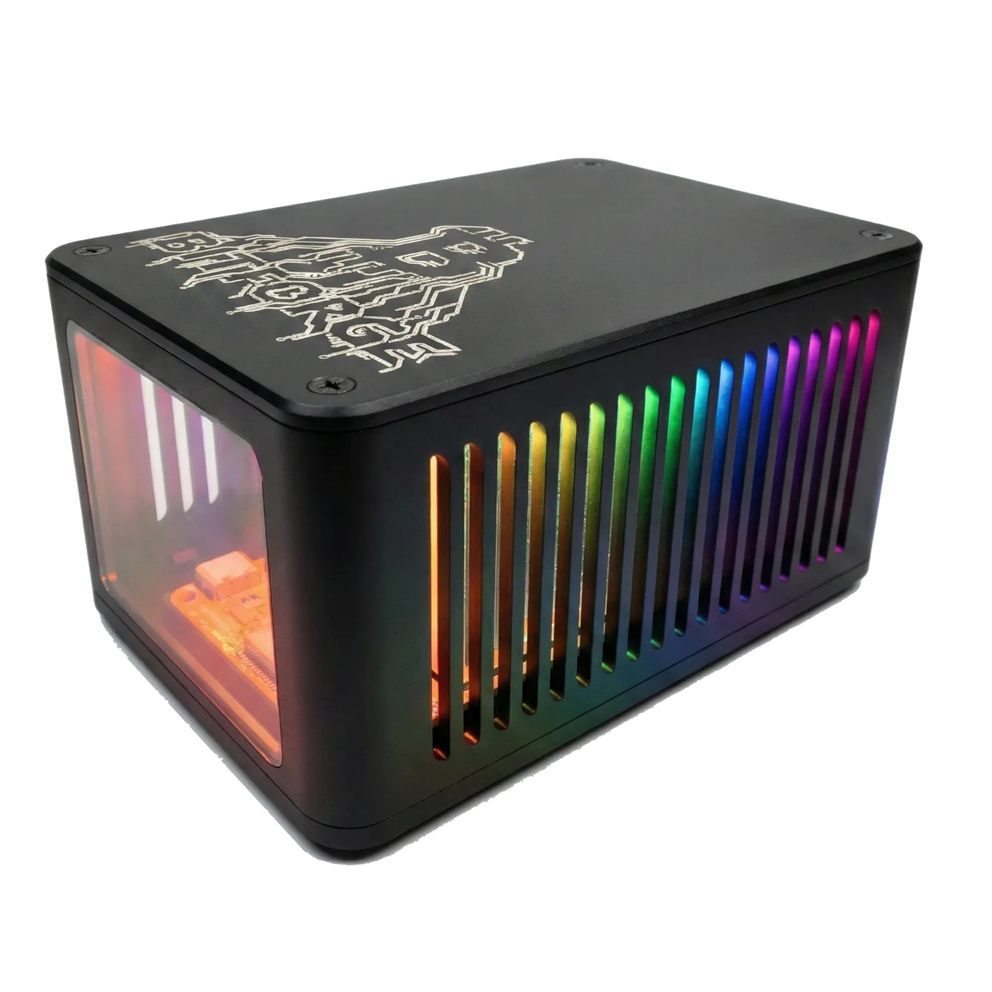 Bitforge Nano Ghost Edition Bitcoin miner with rainbow RGB lighting across the vented side panel and side window