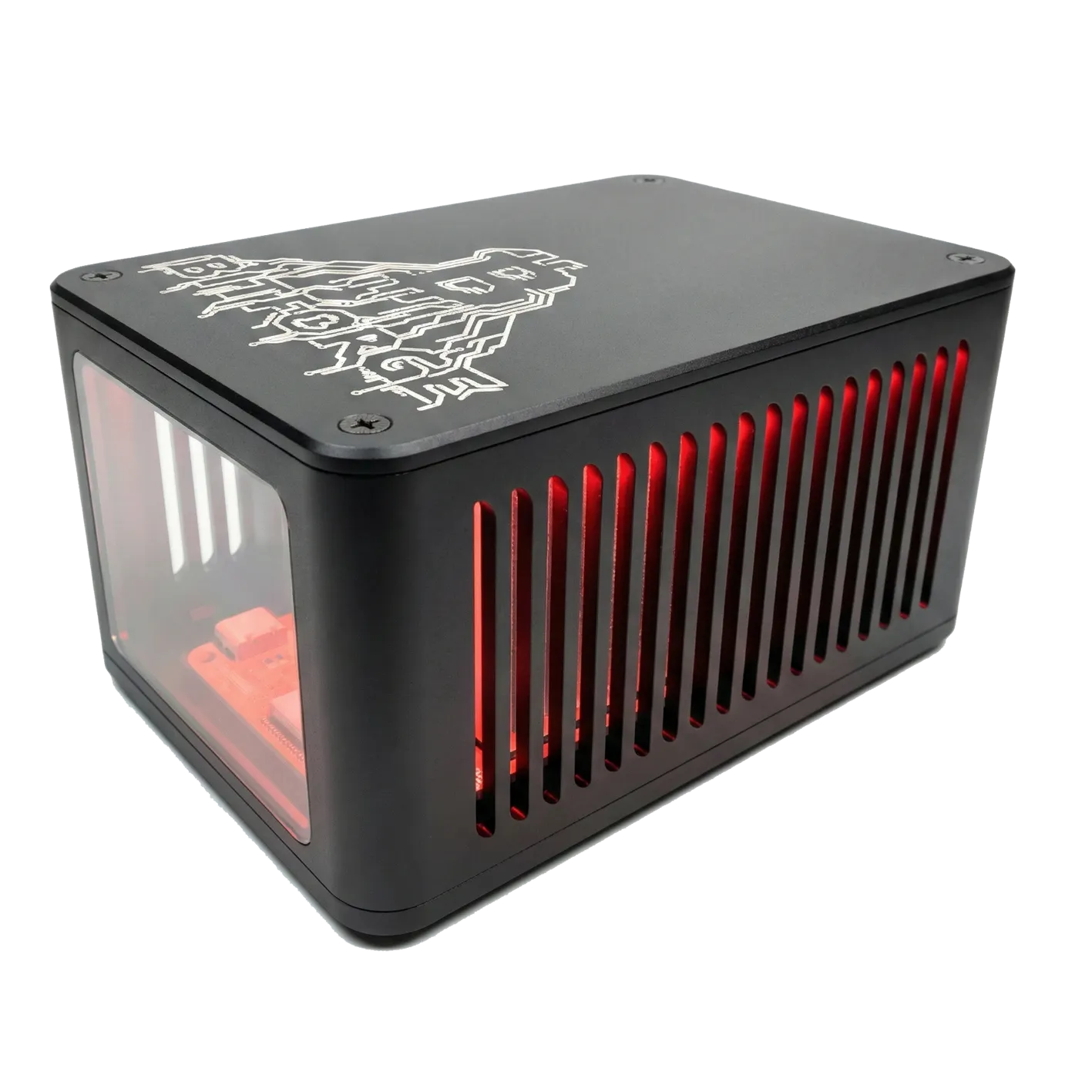 Bitforge Nano Ghost Edition Bitcoin miner in black metal case with red internal glow through the side vents