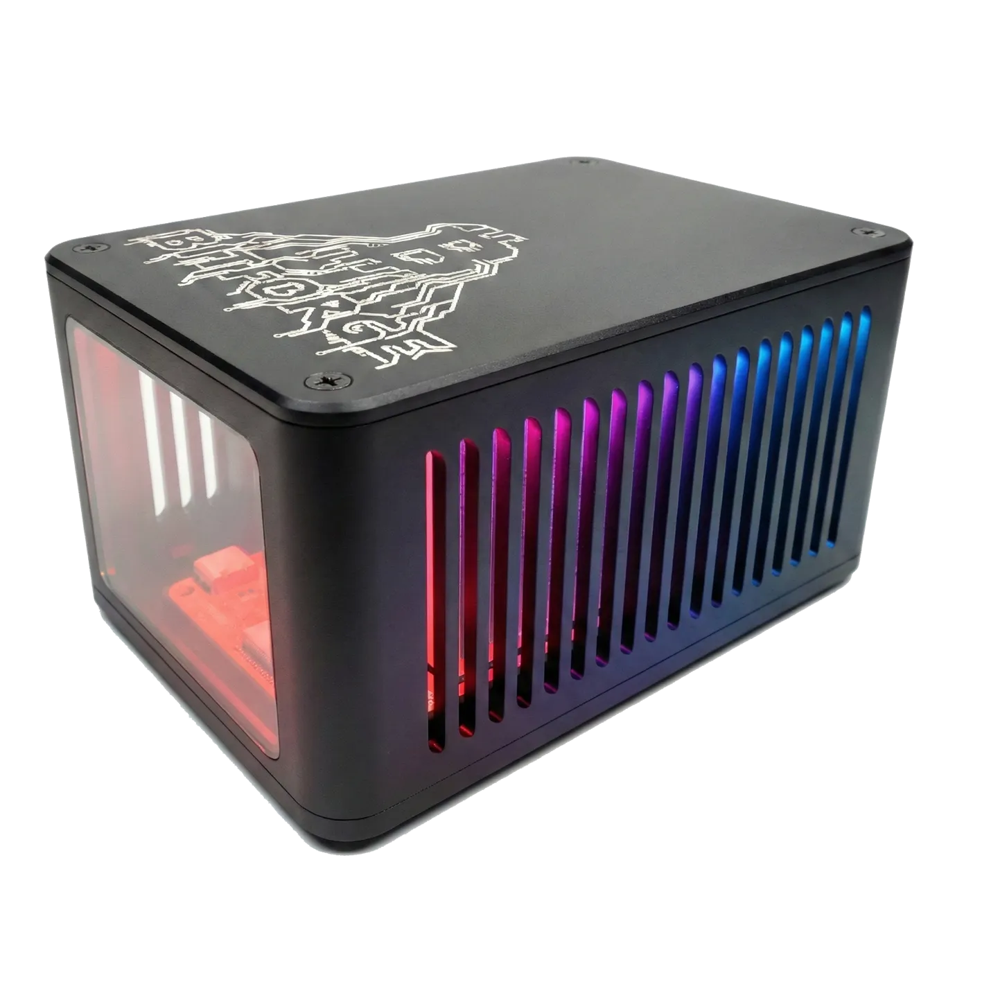 Bitforge Nano Ghost Edition Bitcoin miner with red-to-blue gradient lighting across the vented side panel
