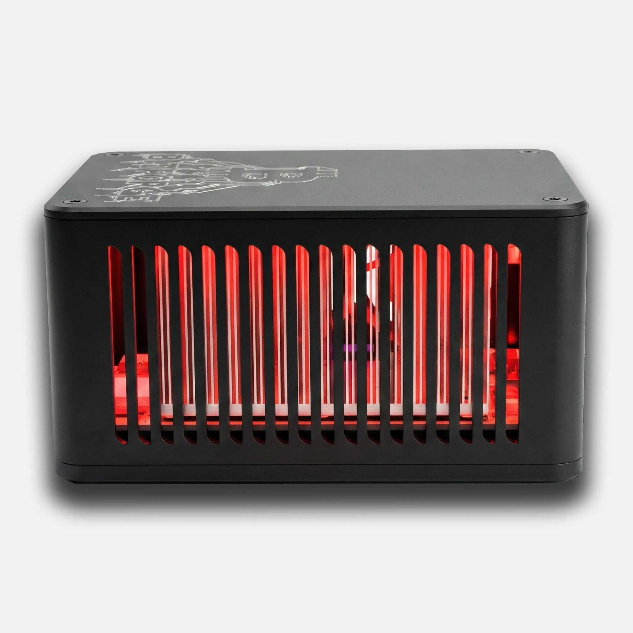Bitforge Nano Ghost Edition side profile with full-length ventilation slots and red internal glow through the black metal case