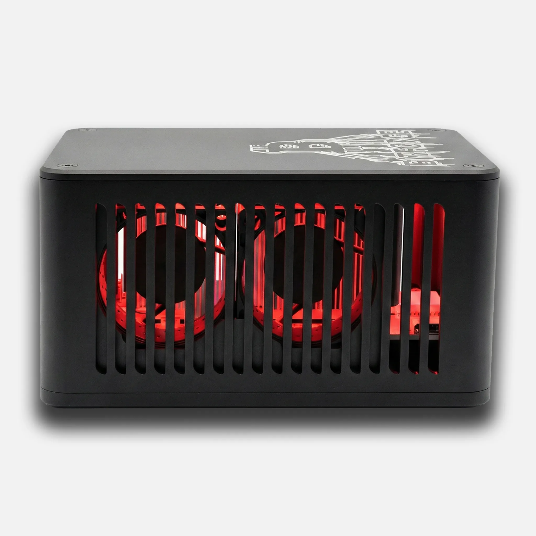 Bitforge Nano Ghost Edition side view showing dual fans behind the vented black metal panel with red internal glow