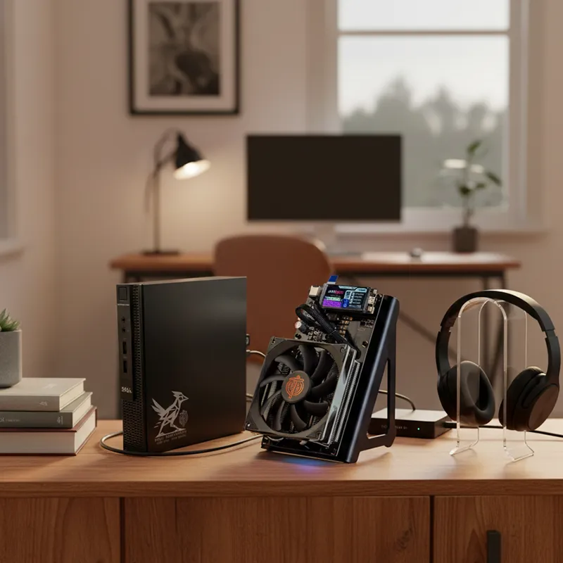 NerdQAxe++ home Bitcoin miner and Node Runner Bitcoin node on a desk setup.