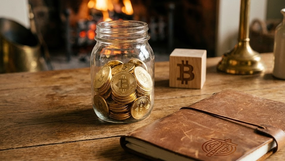 Stacks of Bitcoin coins arranged on a monthly planner on a wooden desk with a coffee mug, pen, and leather wallet