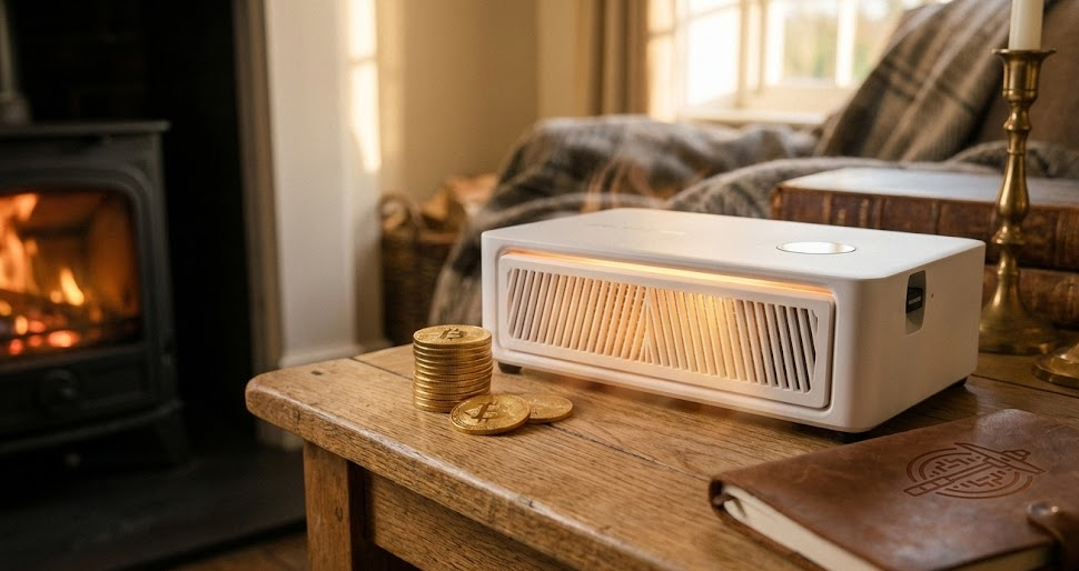 Home Bitcoin miner on a wooden table by a fireplace with stacked Bitcoin coins. Heat + stacking sats has never made more sense. 