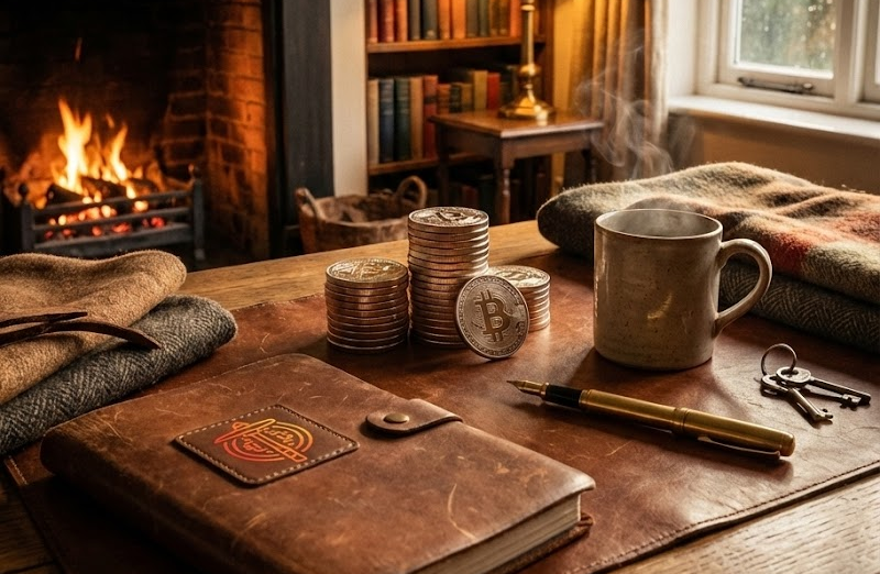 Literally - Stacking sats. Stacks of Bitcoin coins on a desk with a mug, pen, keys, and leather notebook beside a lit fireplace.