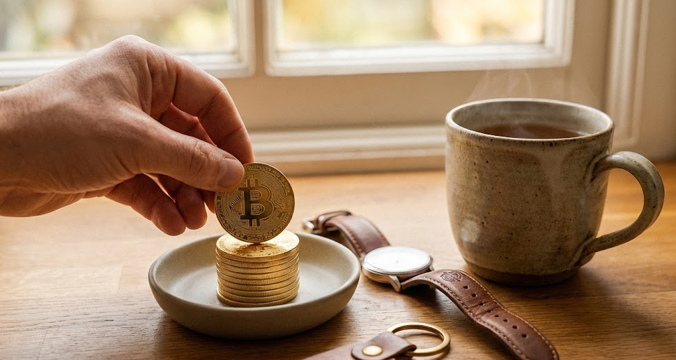 Hand placing a Bitcoin coin onto a stack of coins on a small dish beside a coffee mug on a wooden table. Stacking Sats is the way.