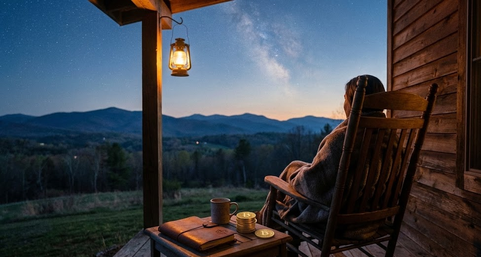 Person in a rocking chair on a cabin porch at dusk with a lantern, mug, notebook, and stacked Bitcoin coins overlooking mountains. this person got into stacking sats and their content self is grateful.